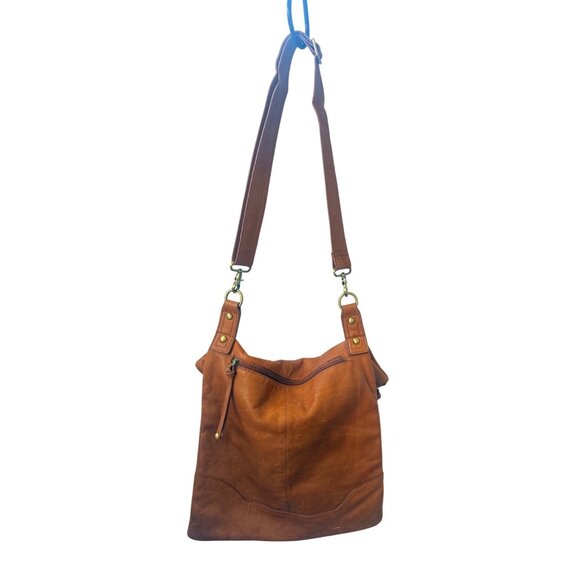 Sabina NY Leather Fold Over Crossbody Bag With Adjustable Strap Cognac - Picture 3 of 10